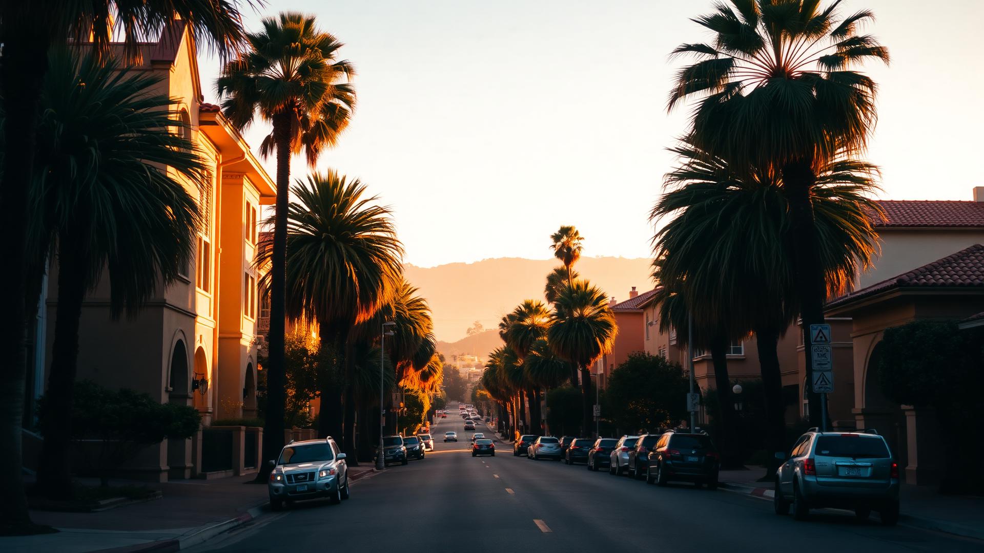 Palm-lined Los Angeles residential street at golden hour